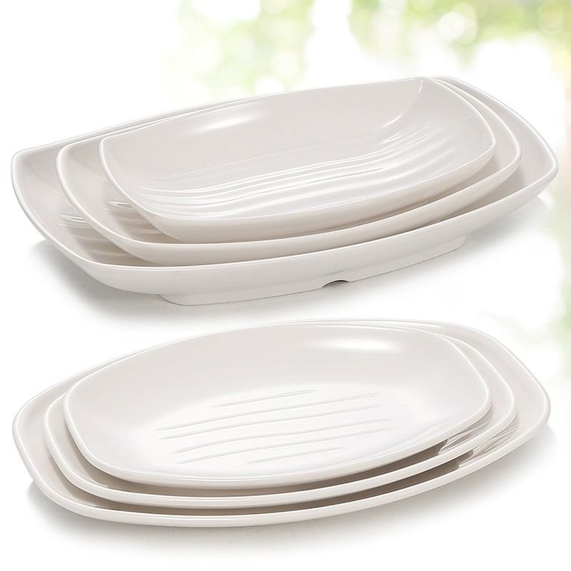 Plato de melamina transfronterizo blanco elíptico rectangular plato de polvo de salchicha de plástico plato de cubierta comercial plato de toalla caliente de porcelana