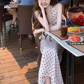 法式甜美挂脖爱心波点连衣裙女+开衫两件套2025新款爆款一件代发