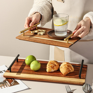 Acacia Wood Rectangular Wooden Tray with Metal Handle, Practical Household Breakfast Tray, Fruit Tray, Tea Tray Customization