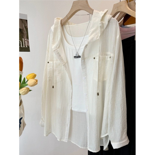 White Hooded Sun Shirt Women 2025 Summer Tencel Long Sleeve Casual Shirt Loose Blouse Thin Cardigan