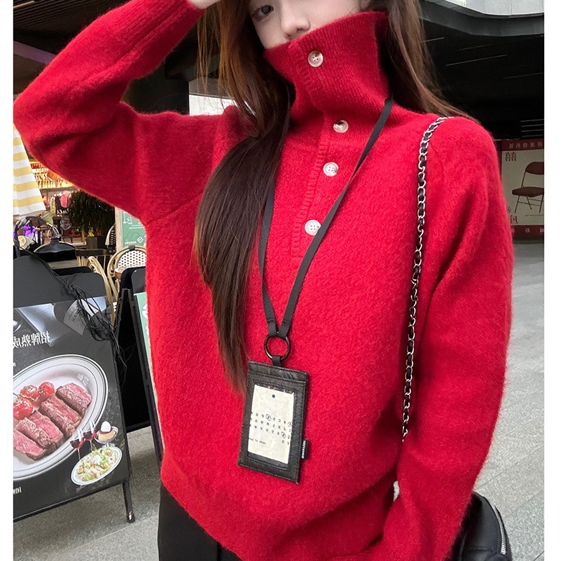 Design Sense New Year'S Turtleneck Red Sweater Women'S New Lazy Style Casual Knitted Sweater Women 17 Undefined