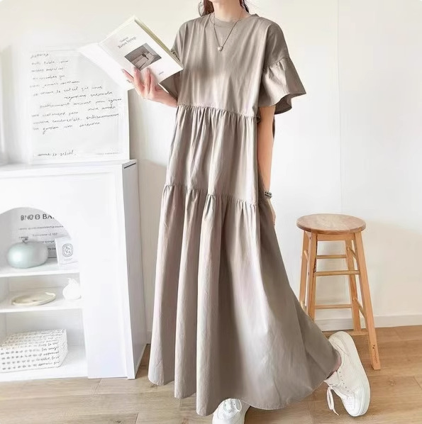 Cross-Border Foreign Trade Japanese and Korean Casual Round Neck Splicing Pleated Lotus Leaf Sleeve Dress Mid-Length Spring and Summer Multi-Layered Long Skirt