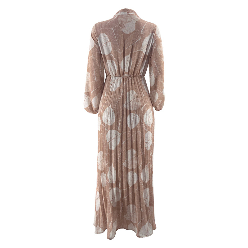 M2236 Middle East Dubai Women's Robe New Leaf Pleated Skirt Fashionable Waist-Cinching Dress_ecoleips.com