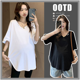 Simple and Fashionable Maternity Summer Clothes New Pure Color Collar Short-Sleeved Shirts for Pregnant Mothers Mid-Length Tops Loose Bottoming Shirts for Women
