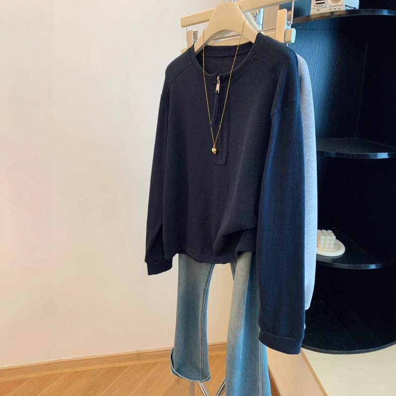 Extra Large Size 150kg Navy Blue Round Neck Half-Zip Pure Cotton Long-Sleeved T-Shirt for Women Autum Design Trendy Bottoming Top Extra Large Size 150kg Navy Blue Round Neck Half-Zip Pure Cotton Long-Sleeved T-Shirt for Women Autum Design Trendy Bottoming Top