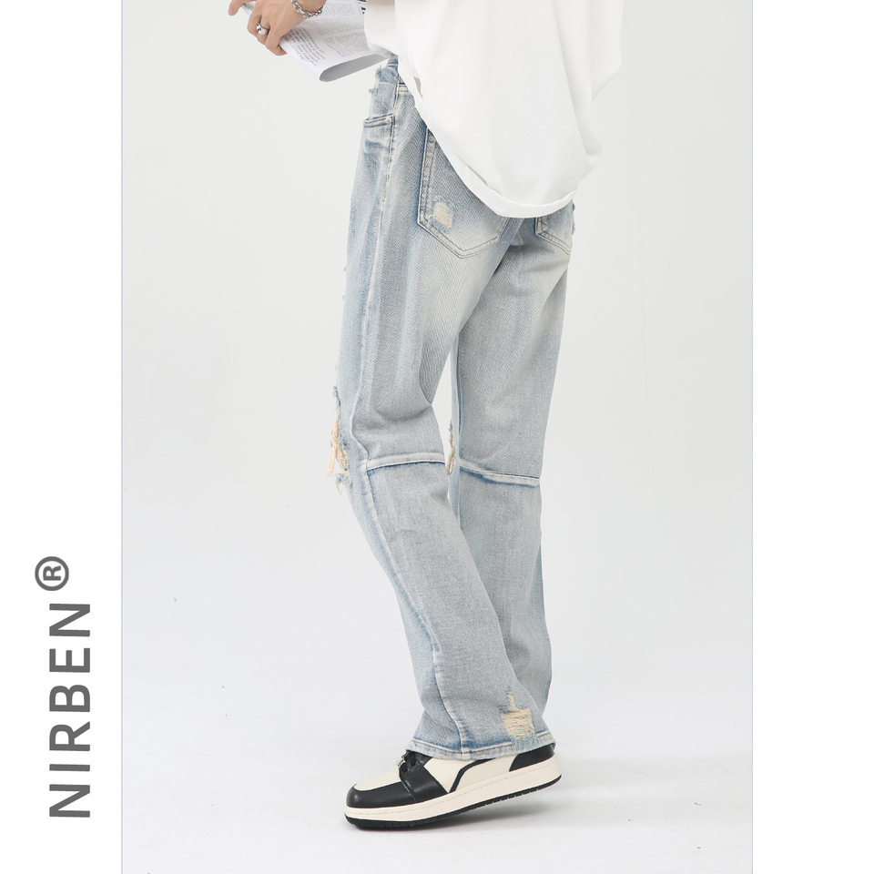 Quần jean nam ống rộng rách gối phong cách hip hop, giặt xử lý, khóa kéo — Giặt nước xanh lam