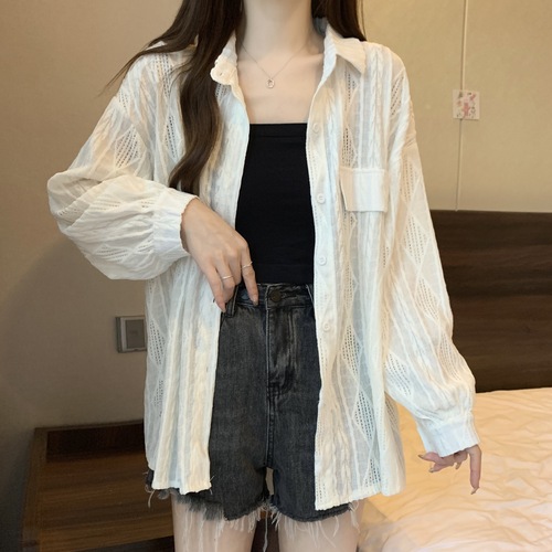 Women's Spring and Autumn New Casual Crochet Lattice Blouse with Design Sense, Elegant Women's Slimming White Shirt Top Trendy