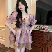 高级感浪漫优雅紫色扎染连衣裙2024夏季新款泡泡袖轻熟法式短裙