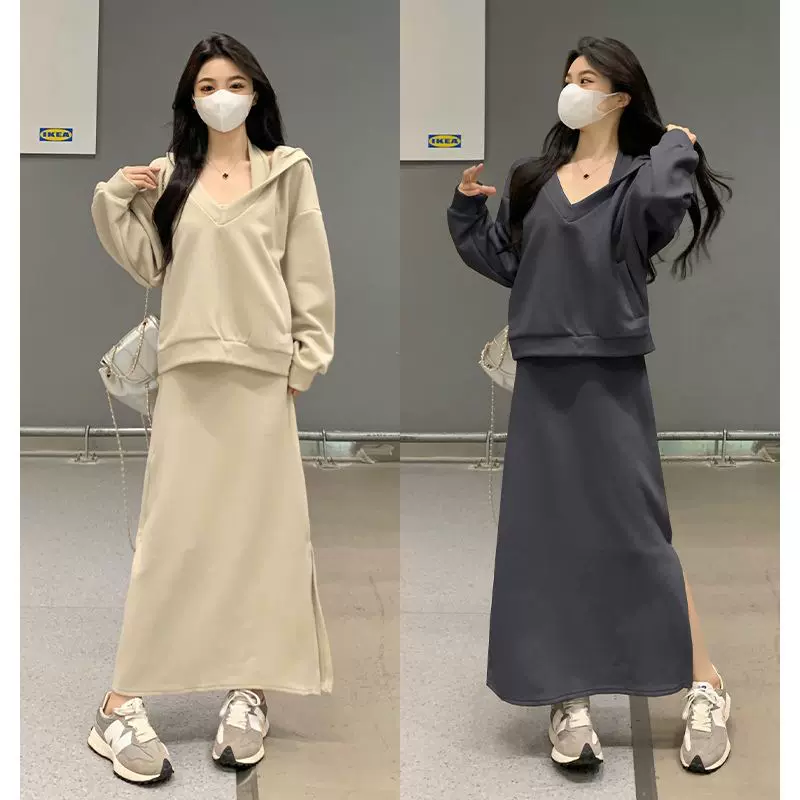 秋季新款洋气减龄宽松显示胖mm显瘦套装女大码卫衣两件套连衣裙子