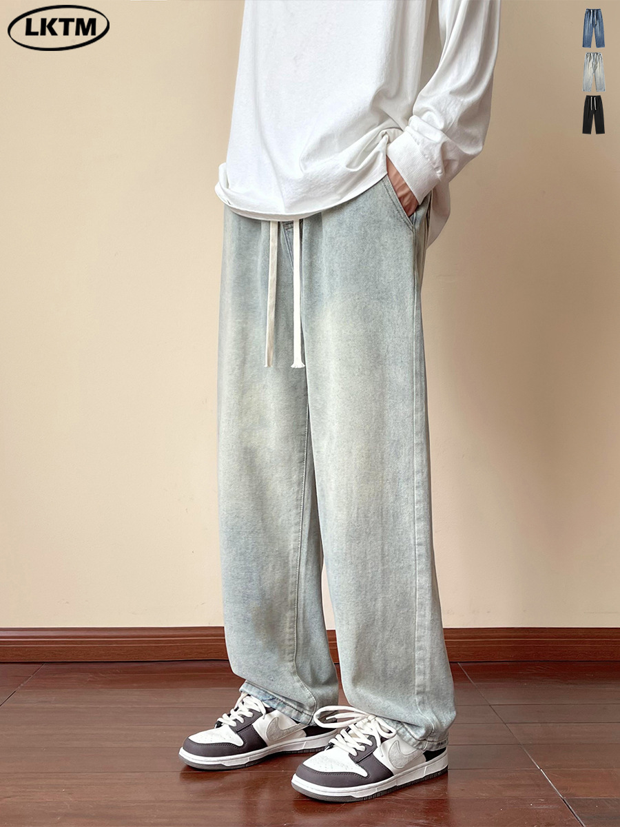 Pantalones Jeans Rectos Holgados para Hombre de Algodón con Cintura Elástica para Uso Casual