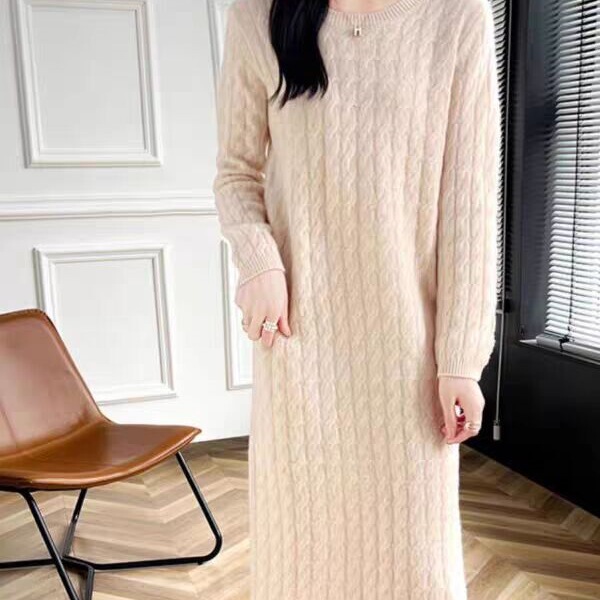 Heavy Cable Knitted Dress Women's Round Neck Long Sleeve Pullover Mid-Length Knitted Sweater