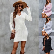 亚马逊跨境女装性感连衣裙秋冬款 欧美V领麻花收腰长袖包臀毛衣裙