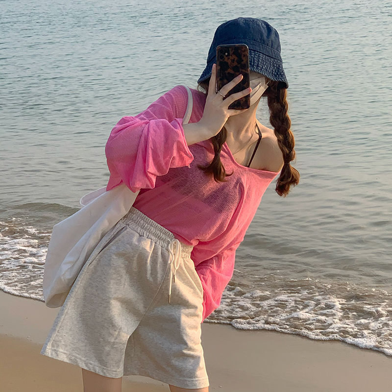 Loose Plus-Size Summer Thin V-Neck Sun Protection Shirt Pullover Women's T-Shirt See-Through Versatile Long-Sleeve Top Women