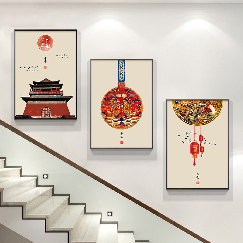 深セン大芬油画村階段階段間装飾画新中国式花鳥ハスの花複式壁画客間|undefined