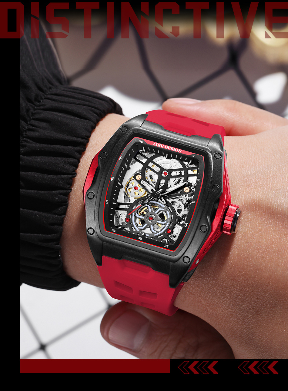 Men's Mechanical Watch Hollowed-out Barrel-shaped Large Dial_voghion.com