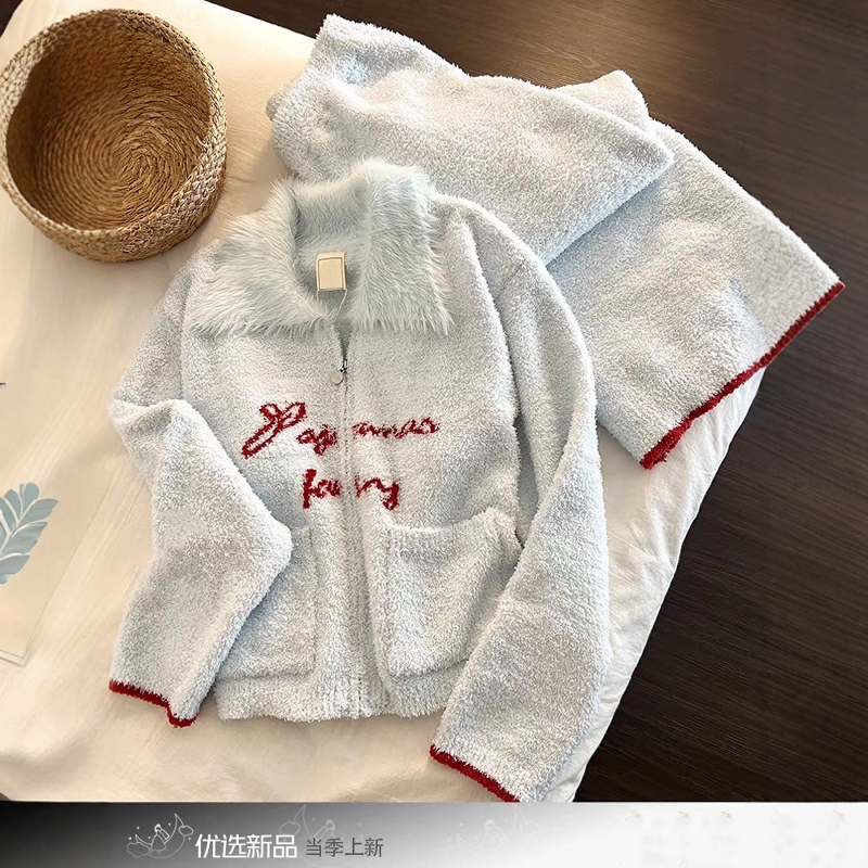 韩系甜美蓝色毛绒翻领半边绒睡衣女秋冬新款保暖加厚家居服两件套