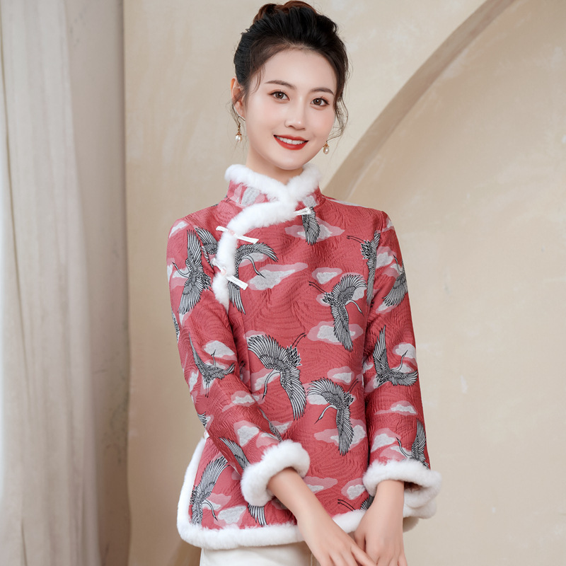 一件代发2022秋冬款提花兔毛修身改良少女唐装聚会旗袍上衣10518