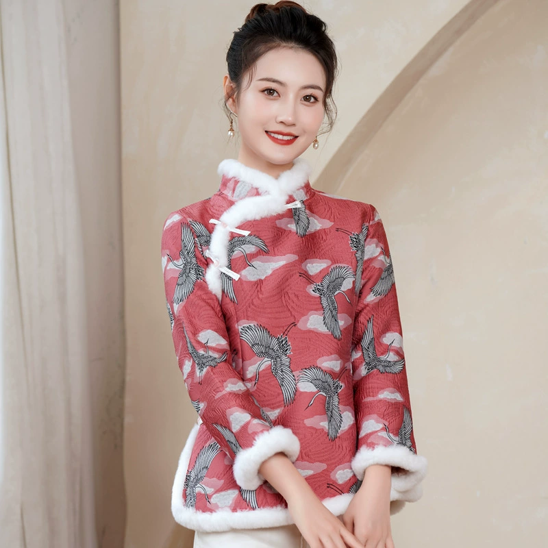 Поколение 2022 осень-зима жаккардовый мех кролика тонкое модифицированное платье для девочек Тан Вечеринка Чонсам куртка 10518