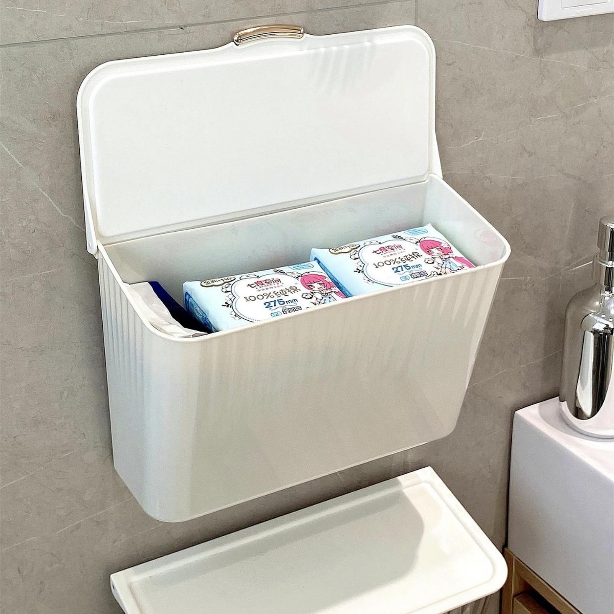 Sanitary pad and tissue storage box for bathroom, with cover, waterproof, underwear storage, no drilling, wall-mounted