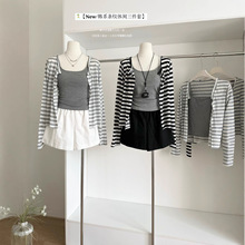 韩系休闲显瘦条纹长袖薄款防晒衣+吊带背心+高腰短裤三件套女夏季