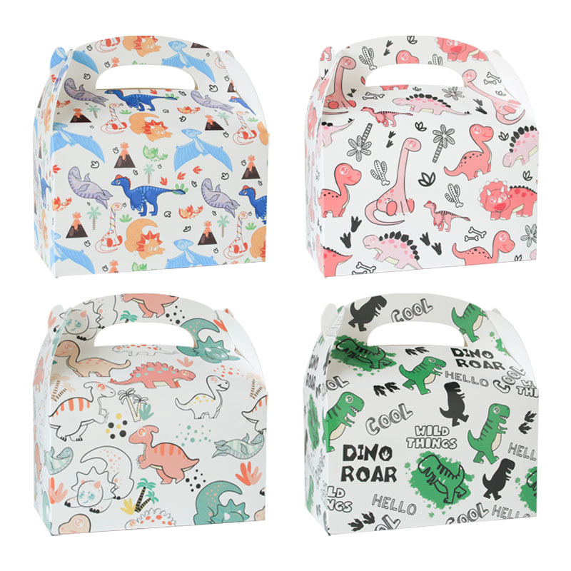 Caja de papel portátil con diseño de dinosaurios multicolor de dibujos animados, caja de embalaje para dulces de cumpleaños, caja de regalo para eventos festivos