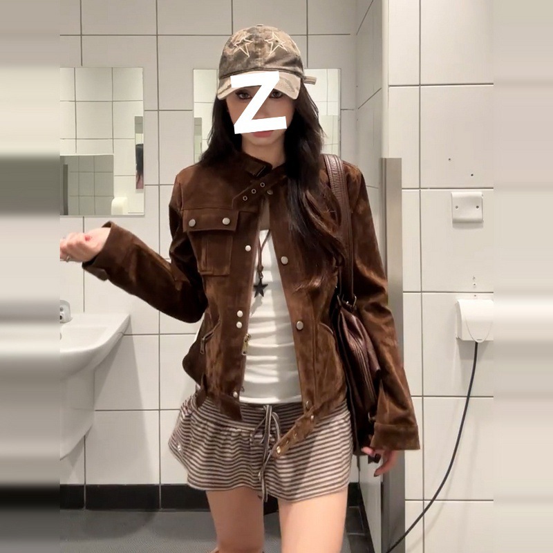 美式复古立领夹克外套女2025新款时尚韩系早秋超好看短款机车上衣|undefined