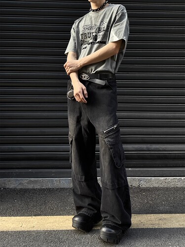 High Street Trendy Zipper Pouch Workwear Jeans for Men - Spring and Autumn New Arrival Loose Hip-Hop Floor-Length Wide Leg Pants