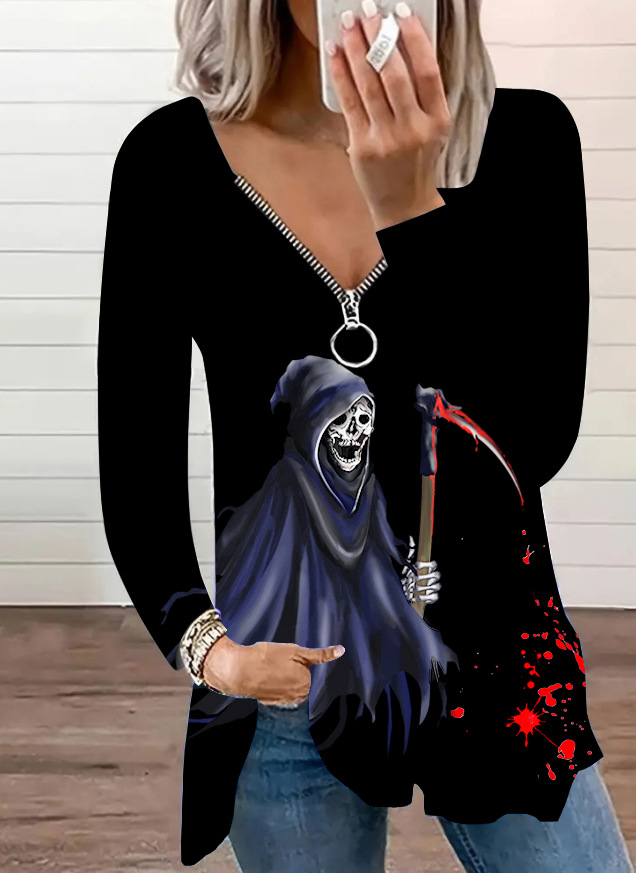 Women's casual fashion V-neck zipper printed long-sleeved tops_voghion.com