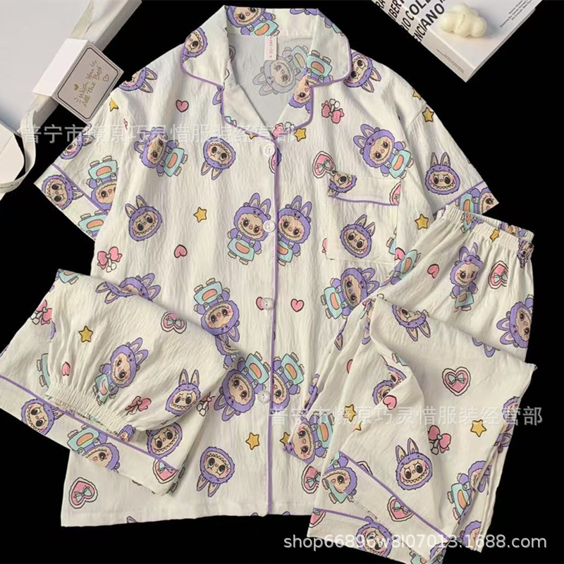 Hermosos pijamas de tela de rabu mujeres primavera y otoño verano nubes de algodón dulce mangas cortas pantalones cortos de tres piezas ropa para el hogar
