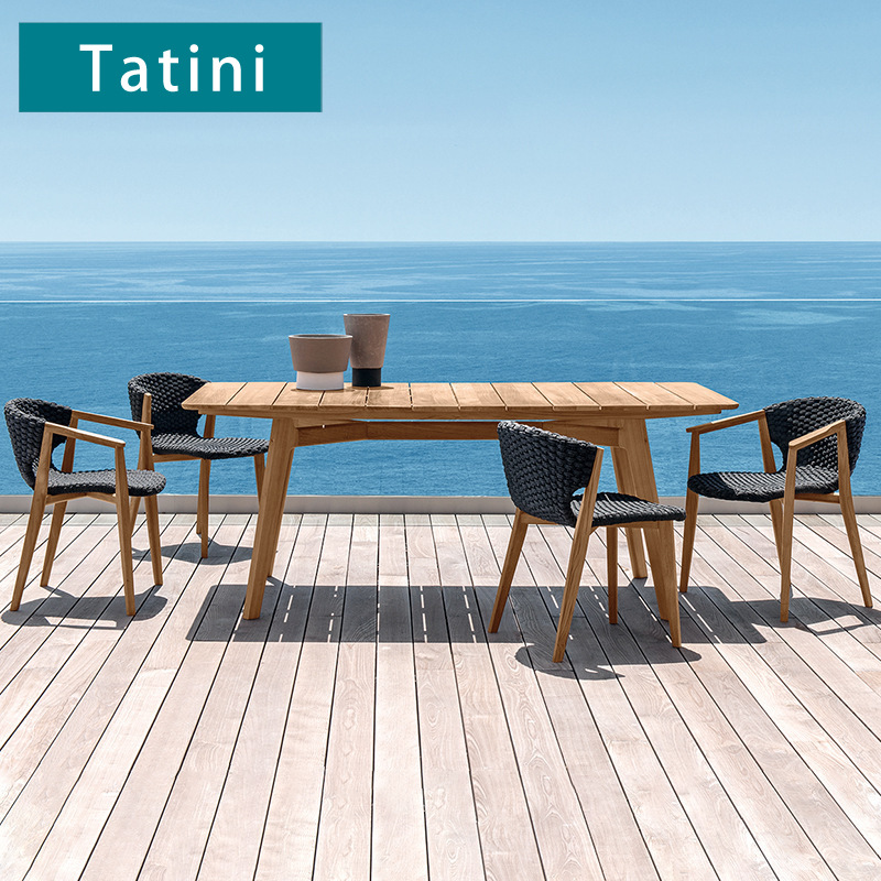Mesas y sillas de teca para exteriores, muebles de ratán de madera maciza para terraza de jardín, conjunto de mesa y sillas para patio de villa o balcón.