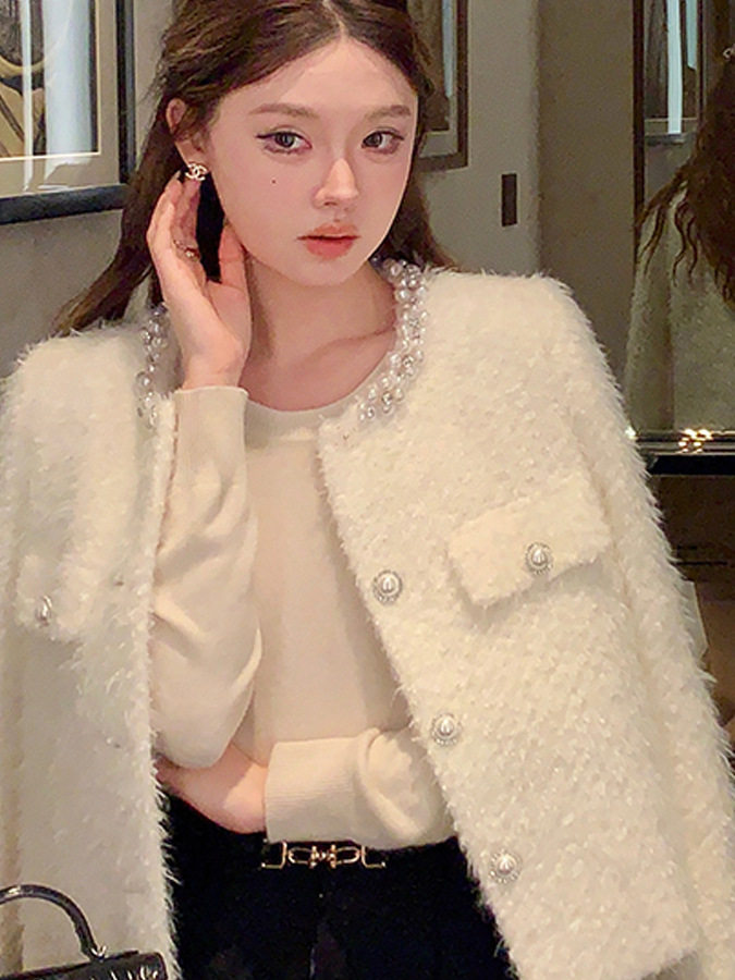 Áo khoác nữ dáng cardigan dày cổ tròn viền ngọc trai phong cách thanh lịch — Kiểu dáng thông thường màu trắng ngọc trai, Kiểu chần bông màu trắng ngọc trai