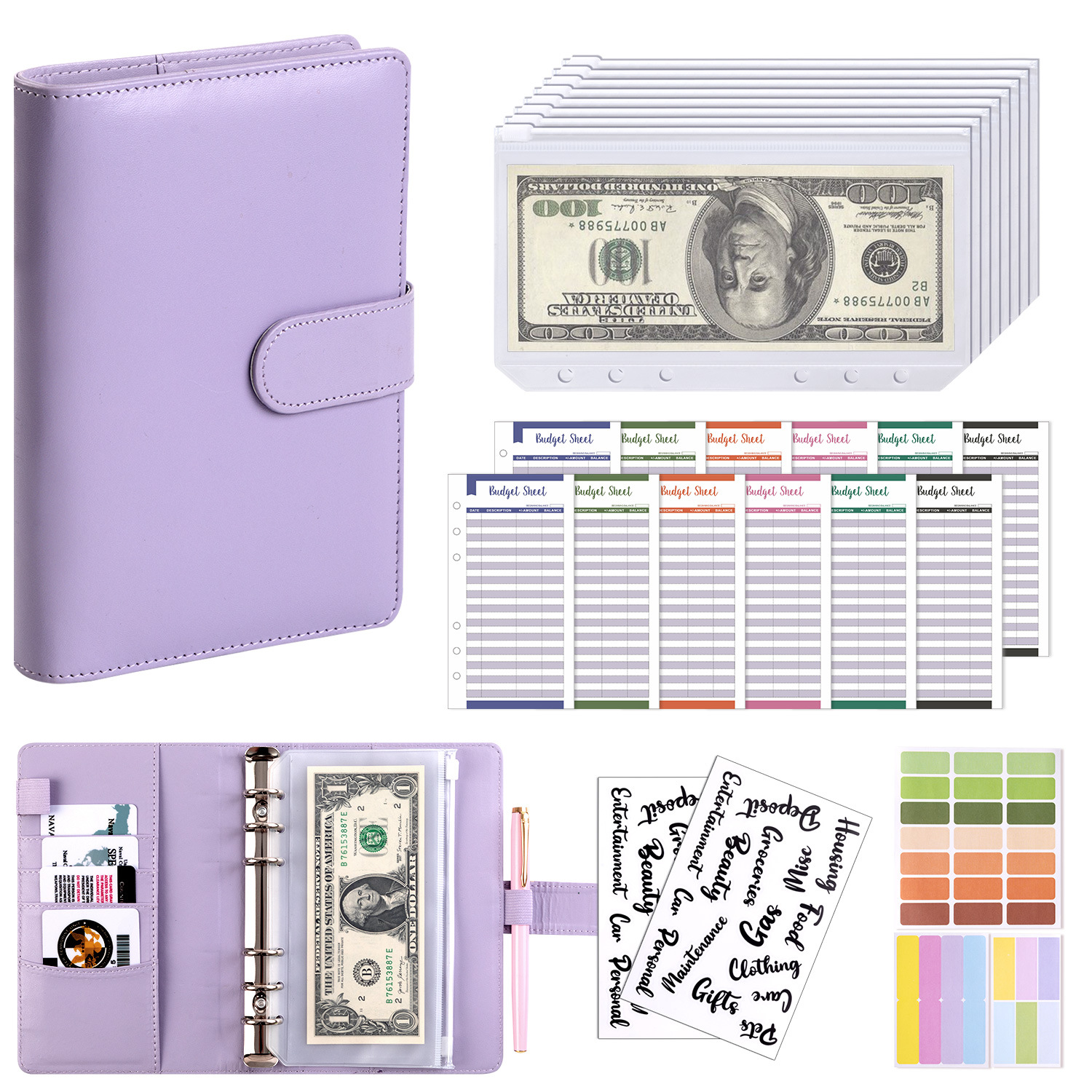 Presupuesto transfronterizo Cash Clip de hojas sueltas Bolsa con cremallera Sobres Libro de cuentas A6 Macarons PU Cuaderno de hojas sueltas de cuero