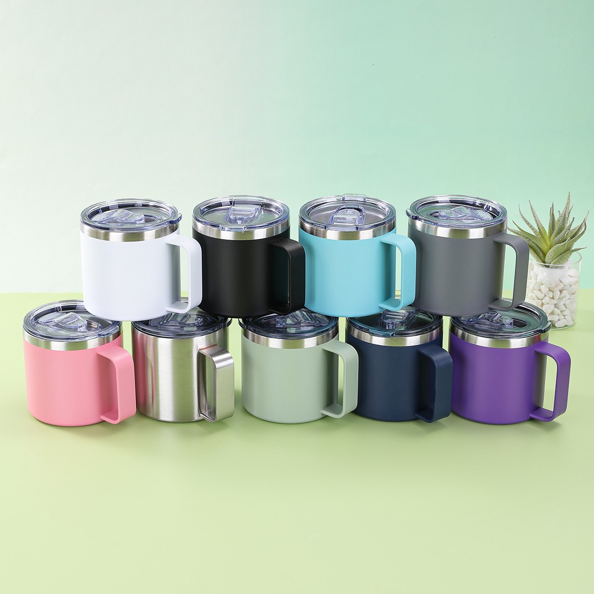 Suministro exclusivo transfronterizo de tazas con aislamiento al vacío de doble capa de acero inoxidable 304, taza de oficina estilo americano de 14 oz con asa.