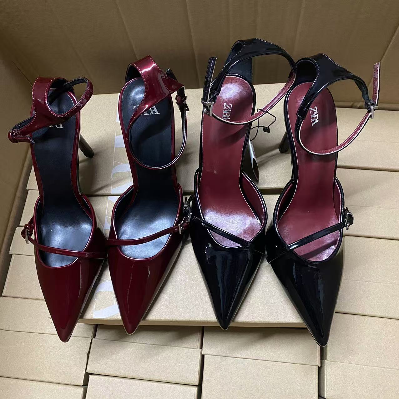 Za Autum New Product 2024 Pointed Toe Shoes Women's Patent Leather Stiletto Heel Burgundy Women's Shoes High Heel Buckle Shallow Mouth Hollow Sandals