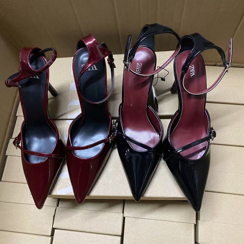 Za Autum New Product 2024 Pointed Toe Shoes Women's Patent Leather Stiletto Heel Burgundy Women's Shoes High Heel Buckle Shallow Mouth Hollow Sandals