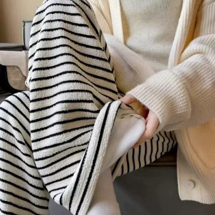 慵懒感条纹毛巾裤女冬季新款加绒垂感羊绒阔腿裤遛弯休闲直筒长裤