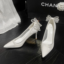 婚鞋女2024年新款网纱白色高跟鞋细跟婚纱新娘鞋蝴蝶结成人礼服鞋