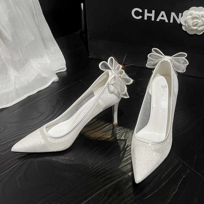 Wedding shoes women 2024 new mesh white high heels stiletto heel wedding bride shoes bow adult dress shoes