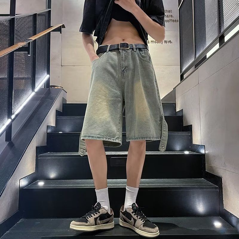 Pantalones cortos de mezclilla teñidos de barro amarillo retro americano para hombres pantalones de herramientas de moda de estilo fino de verano