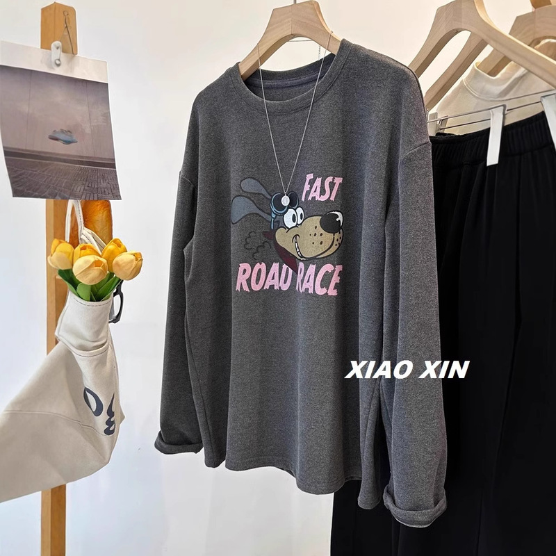 Extra large size 300kg cool big dog ~ casual cartoon double-sided velvet padded long sleeve T-shirt women's base coat
