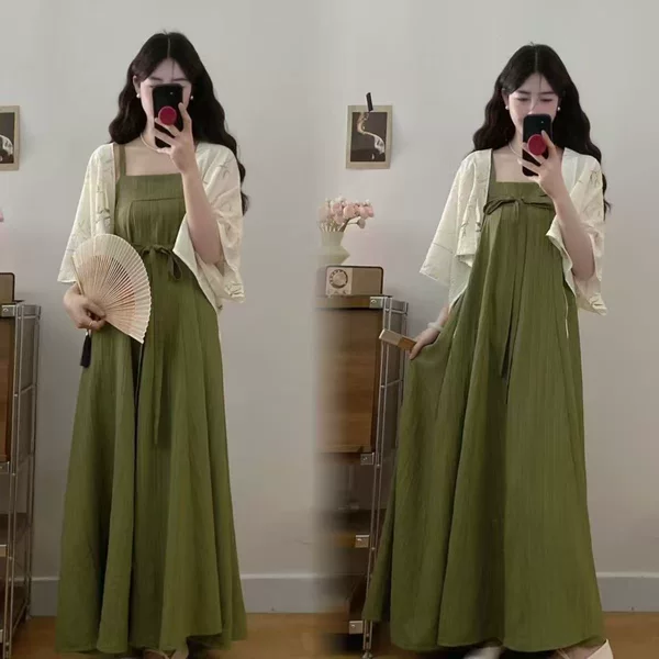 Plus-size, new Chinese-style, ethereal, and slimming midi dress with a modified Hanfu design, featuring a Chinese-style cardigan, sold as a two-piece set