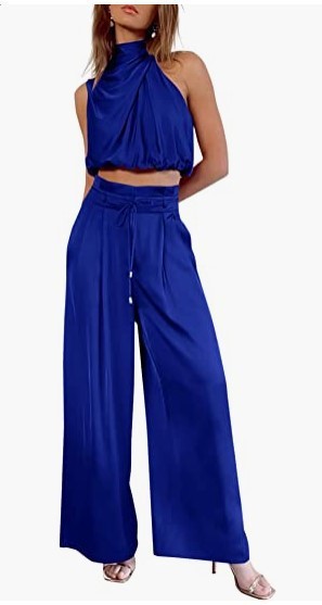 Women's 2-piece Summer Casual Sleeveless Collar Open Navel Top Wide Leg Pants Set_voghion.com