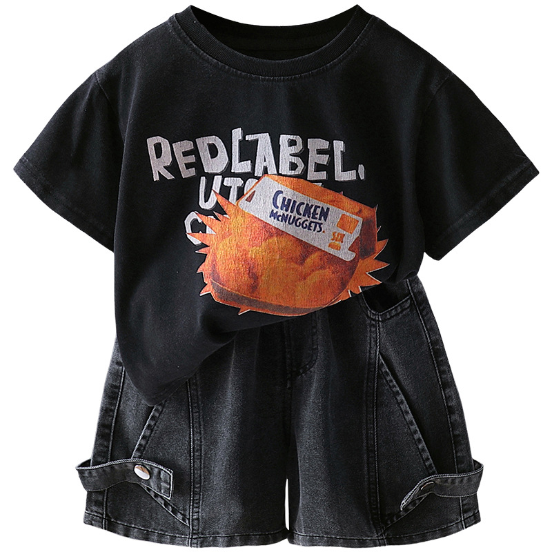 7402 Traje de camiseta de manga corta para niños Estilo fino de verano Estilo occidental Trendy Ropa para niños Chico Red Red Fried Street Summer Conjunto de dos piezas 5