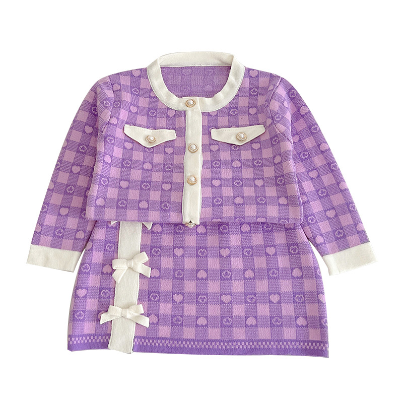 JINYONG Koreansk utgåva Love Knitwear Flickkjol med rosett och omlott, liten och medelstor, barnmodell, tvådelat set_voghion.com