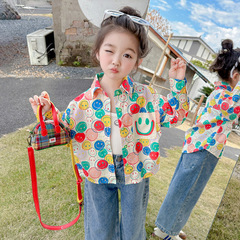 Little Girl's Spring and Autumn Shirt 2024 New Children's Spring Stylish Smiling Face Top Baby Spring Outfit Long Sleeve Blouse