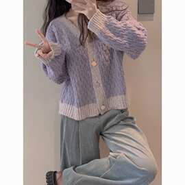 香芋紫v领毛衣外套女秋冬韩系小香风奶fufu慵懒宽松软糯针织开衫