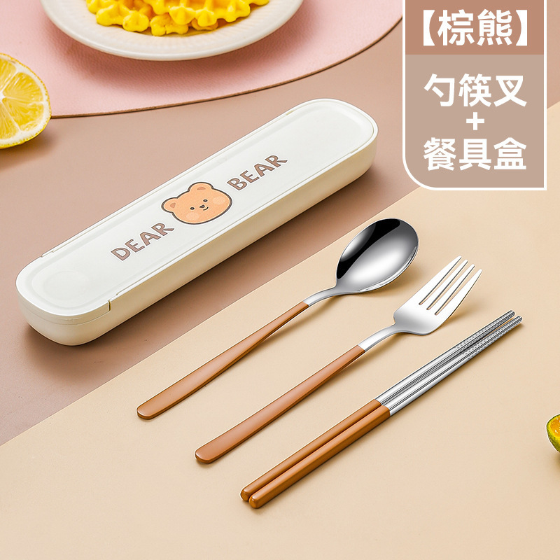 304ステンレス携帯食器三点セット箸スプーンフォーク高颜値学生かわいい食器セット|undefined