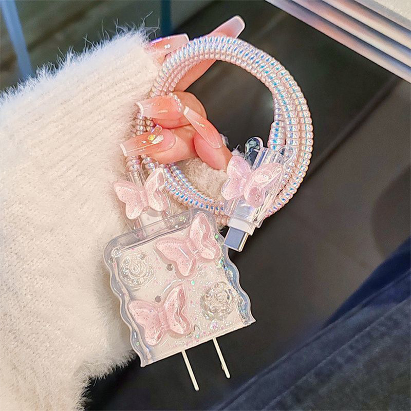 Dropping glue pink butterfly for apple data cable protective cover mobile phone fast charge 20w charger protective cover