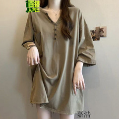 大码胖纯色半袖恤女夏季宽松型百搭中长款上衣遮肉显瘦领打底衫