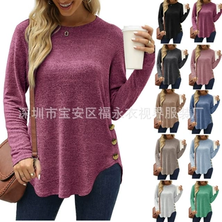 亚马逊wish2022欧美秋冬女式衬衫圆领纽扣毛衣收腰长袖针织杉上衣